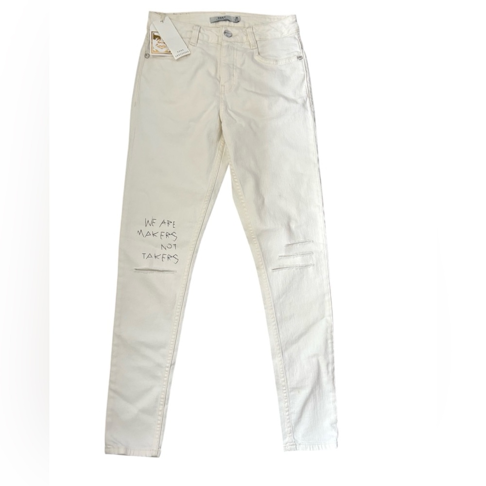 Obey Wordlwide Slasher Skinny Jeans Ripped Knee "We Are Not Takers" White Sz 25